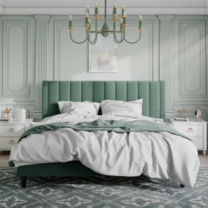 Green Velvet Platform Bed Frame with Headboard