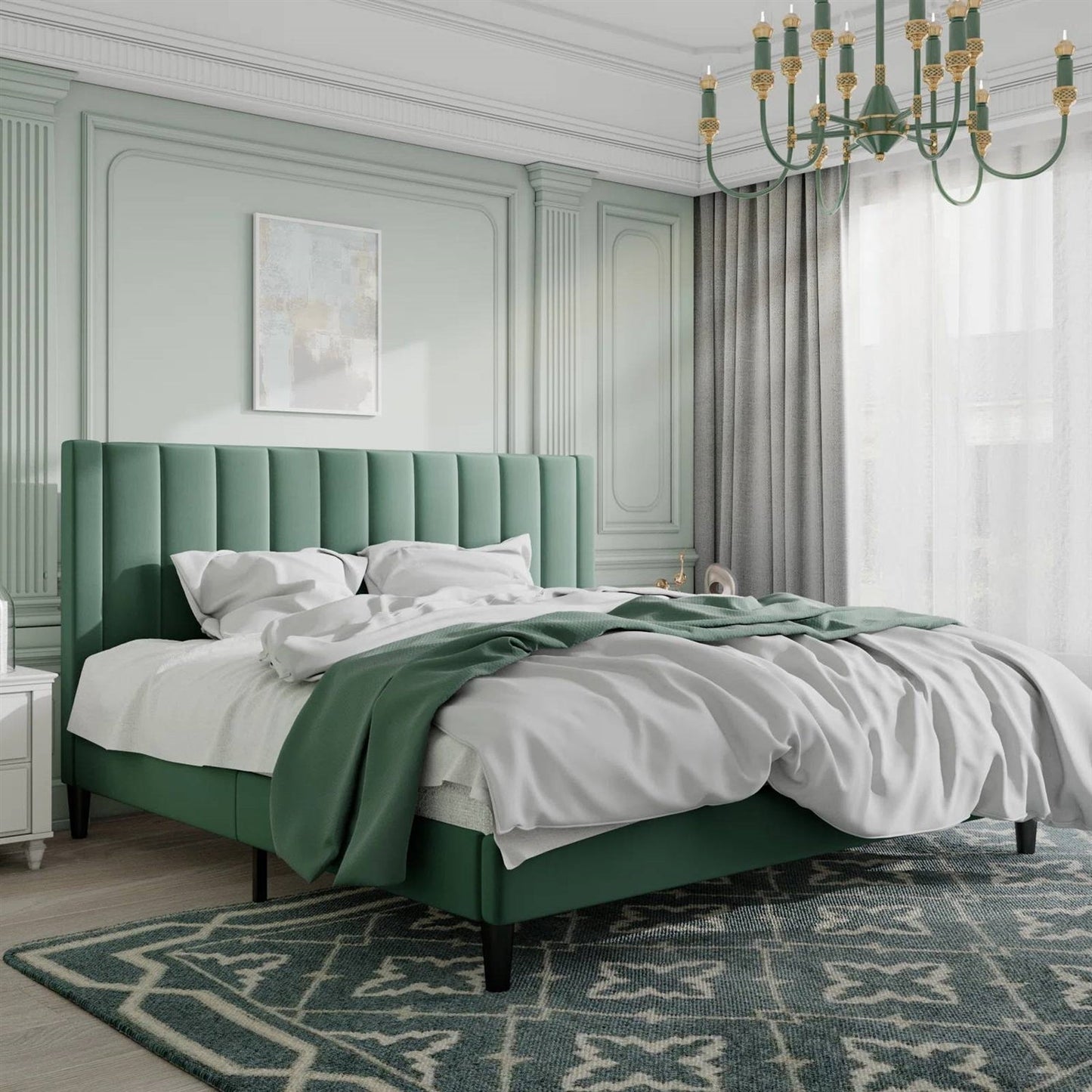 Green Velvet Platform Bed Frame with Headboard