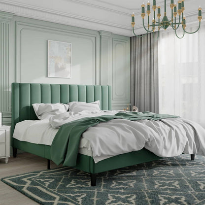 Green Velvet Platform Bed Frame with Headboard