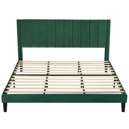 Green Velvet Platform Bed Frame with Headboard