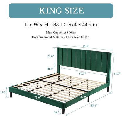 Green Velvet Platform Bed Frame with Headboard