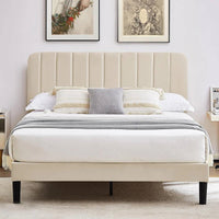 Beige Upholstered Platform Bed Frame with Headboard