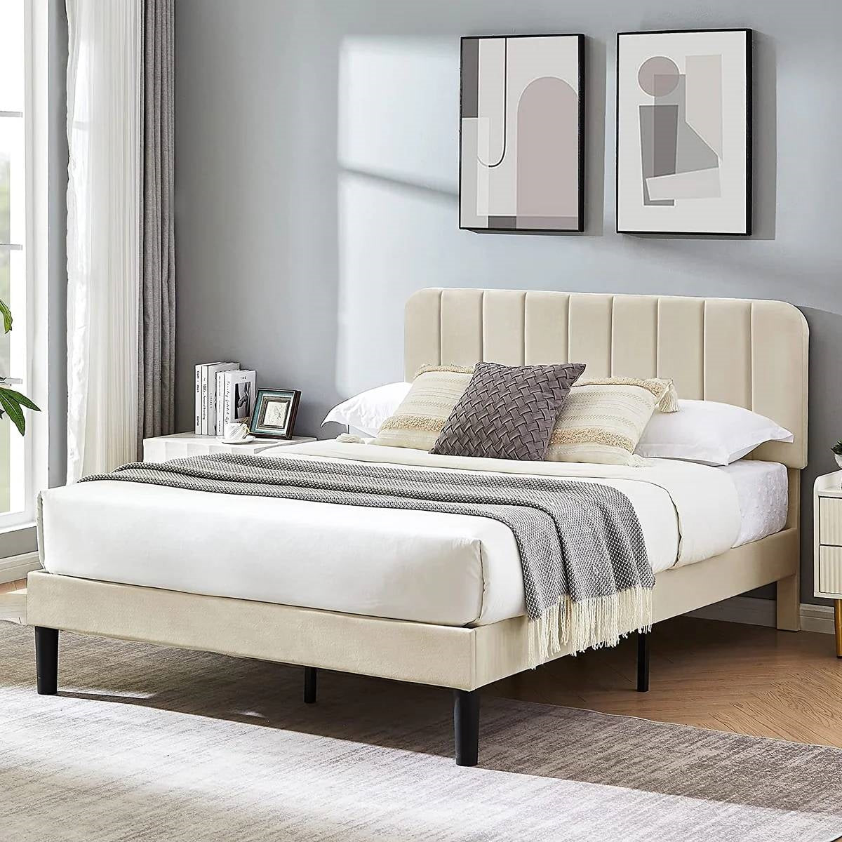 Beige Upholstered Platform Bed Frame with Headboard