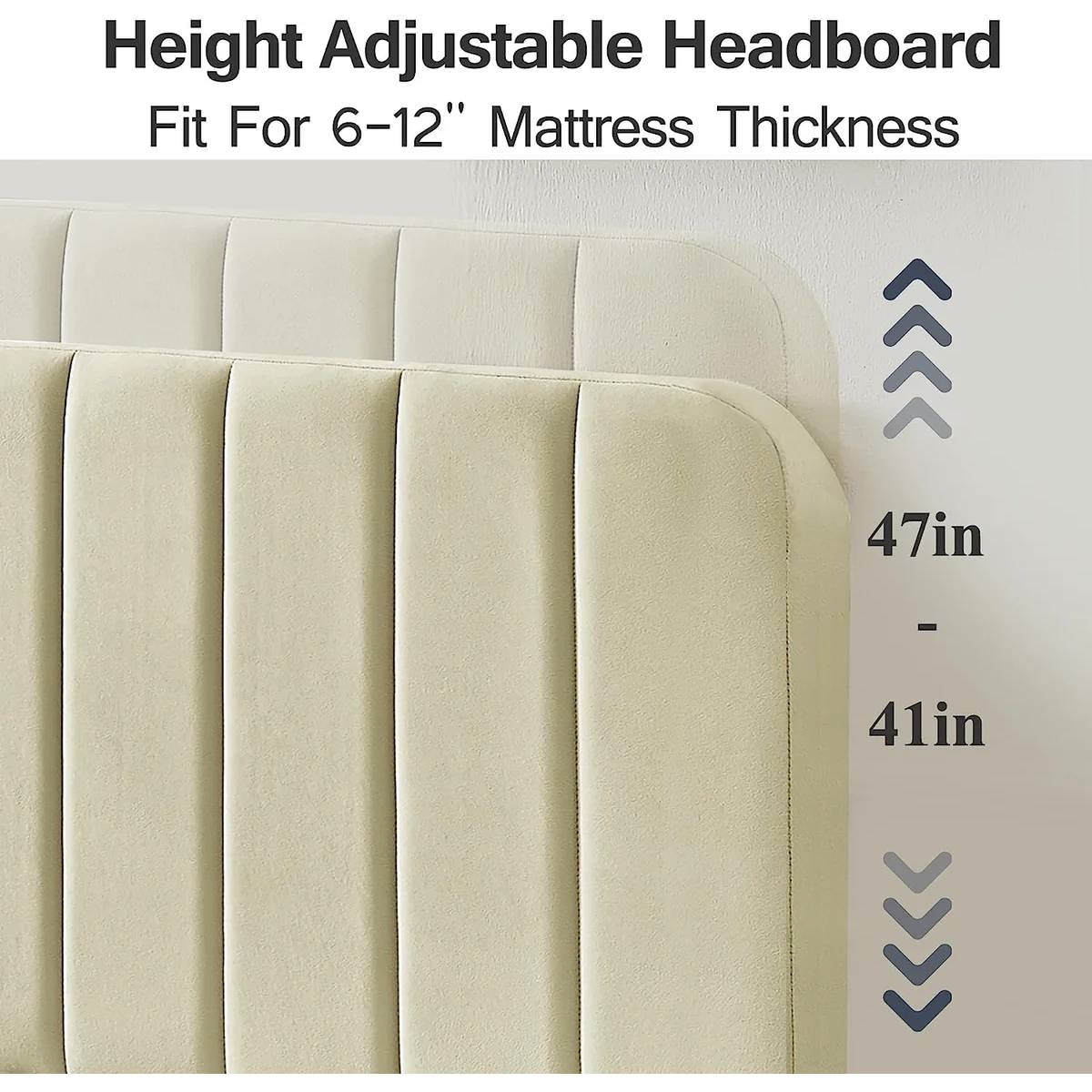 Beige Upholstered Platform Bed Frame with Headboard