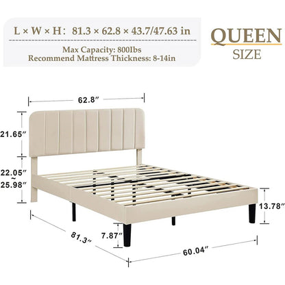 Beige Upholstered Platform Bed Frame with Headboard