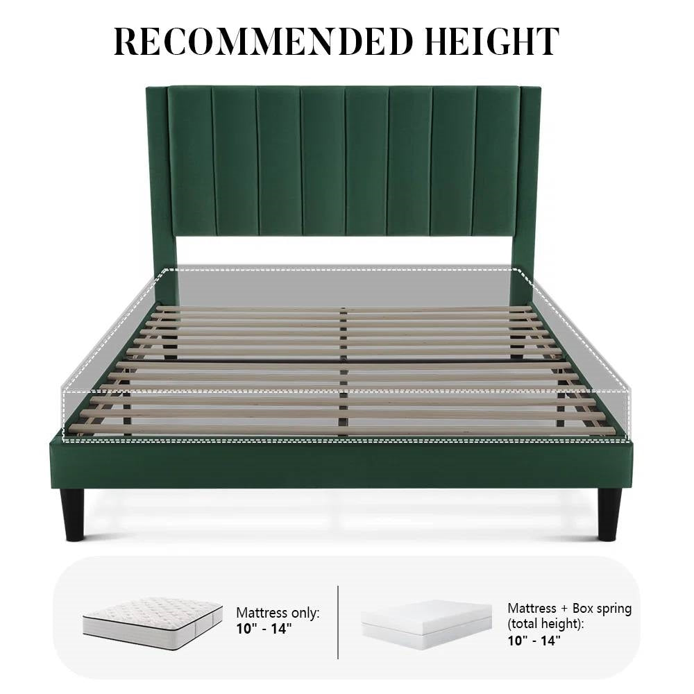 Green Velvet Upholstered Platform Bed Frame with Headboard