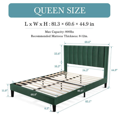 Green Velvet Upholstered Platform Bed Frame with Headboard