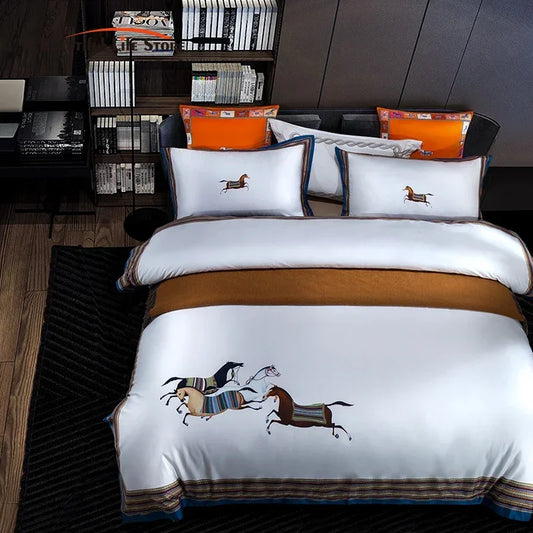 DecorBites™ Galloping Horse Luxury Bedding Set 1400TC Egyptian Cotton Duvet Cover Sheet Pillowcases