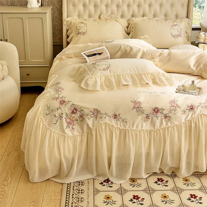 DecorBites™ Beige Pink Lace Embroidery Bedding Set Egyptian Cotton Quilt Duvet Cover Sheet