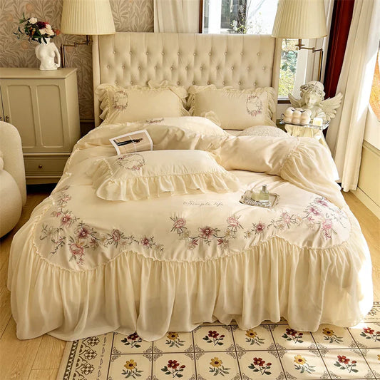 DecorBites™ Beige Pink Lace Embroidery Bedding Set Egyptian Cotton Quilt Duvet Cover Sheet