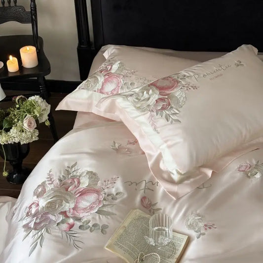 DecorBites™ 4-Pc Flowers Embroidery Bedding Set 1000TC Egyptian Cotton Duvet Cover Sheets