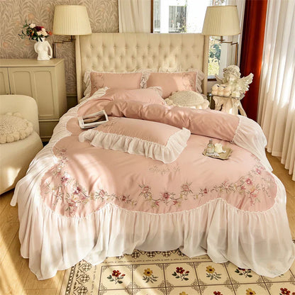 DecorBites™ Beige Pink Lace Embroidery Bedding Set Egyptian Cotton Quilt Duvet Cover Sheet