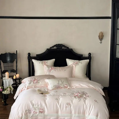 DecorBites™ 4-Pc Flowers Embroidery Bedding Set 1000TC Egyptian Cotton Duvet Cover Sheets