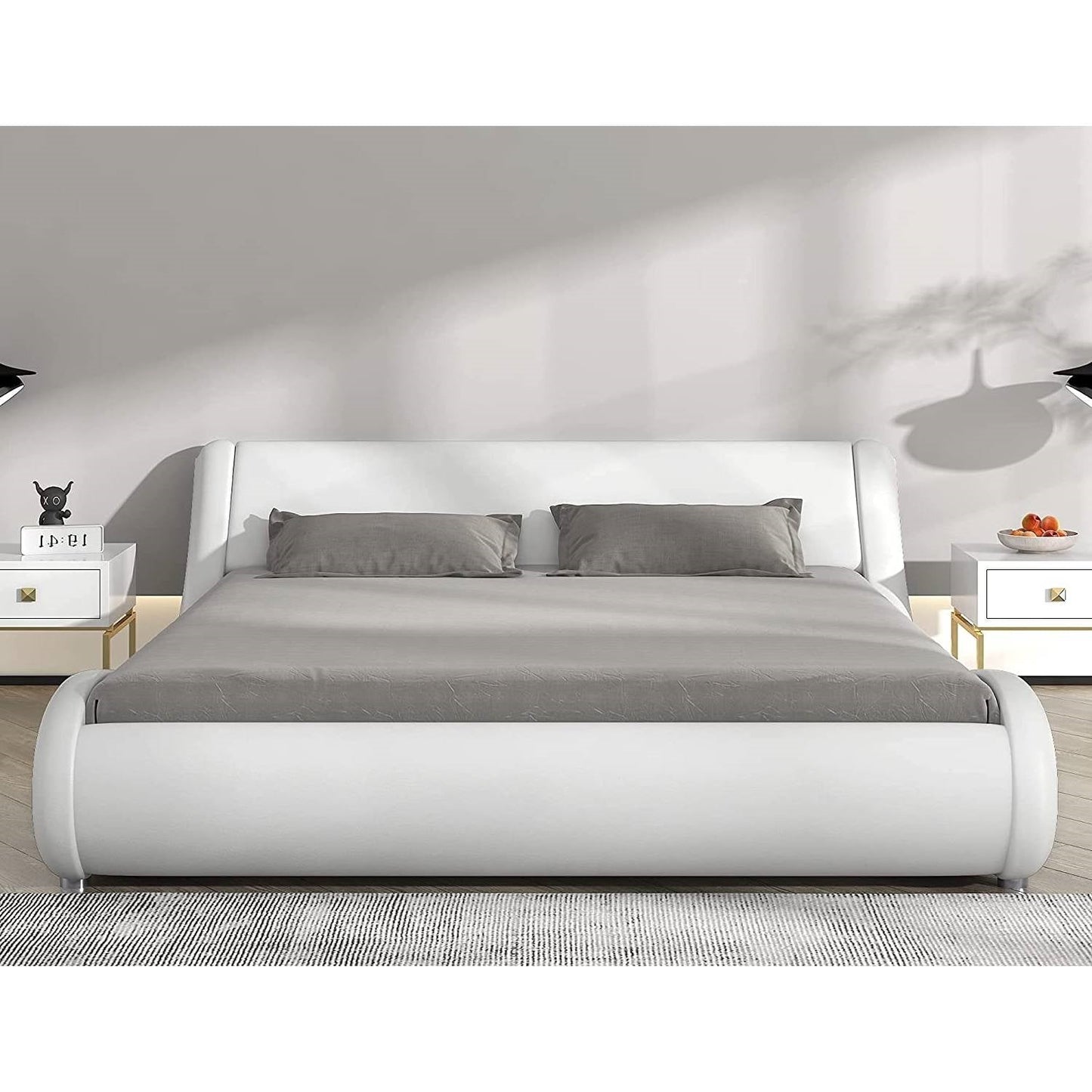 Queen Modern White Vegan Leather Upholstered Platform Bed Frame with Headboard