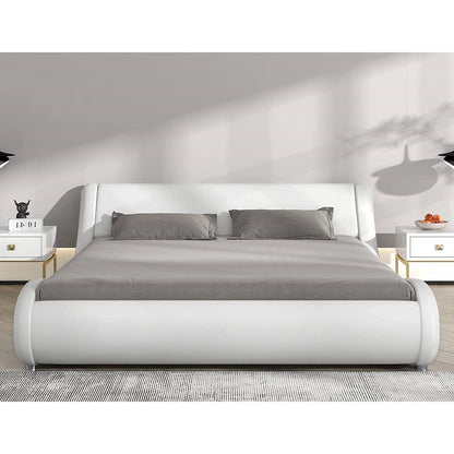 Queen Modern White Vegan Leather Upholstered Platform Bed Frame with Headboard