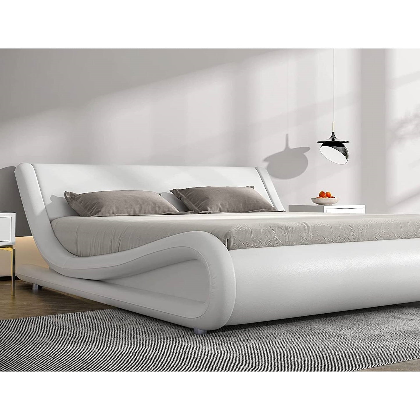 Queen Modern White Vegan Leather Upholstered Platform Bed Frame with Headboard