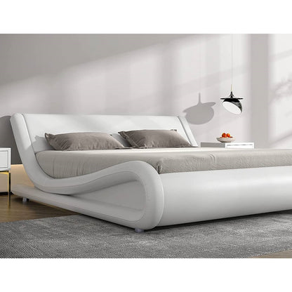 Queen Modern White Vegan Leather Upholstered Platform Bed Frame with Headboard