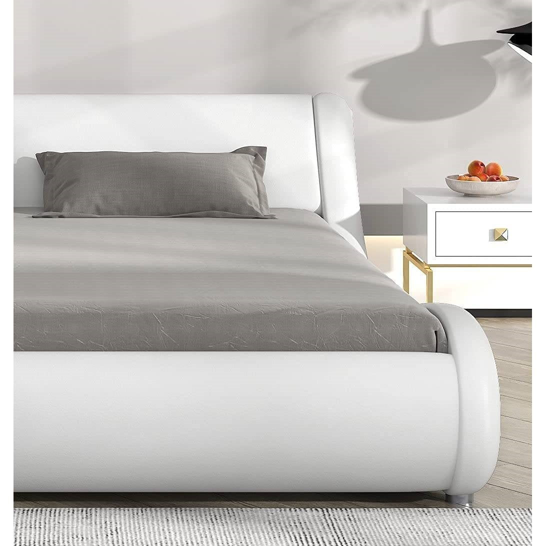 Queen Modern White Vegan Leather Upholstered Platform Bed Frame with Headboard