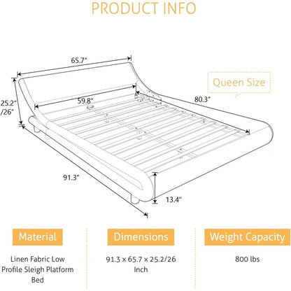 Queen Modern White Vegan Leather Upholstered Platform Bed Frame with Headboard