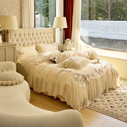 DecorBites™ Beige Pink Lace Embroidery Bedding Set Egyptian Cotton Quilt Duvet Cover Sheet