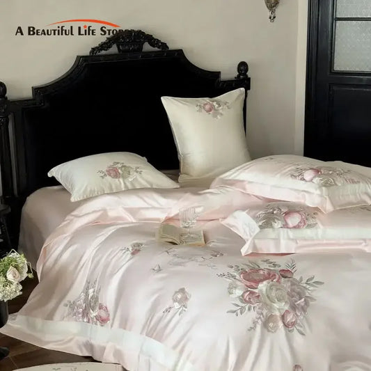 DecorBites™ 4-Pc Flowers Embroidery Bedding Set 1000TC Egyptian Cotton Duvet Cover Sheets