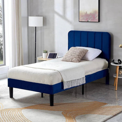 Blue Upholstered Platform Bed Frame with Headboard