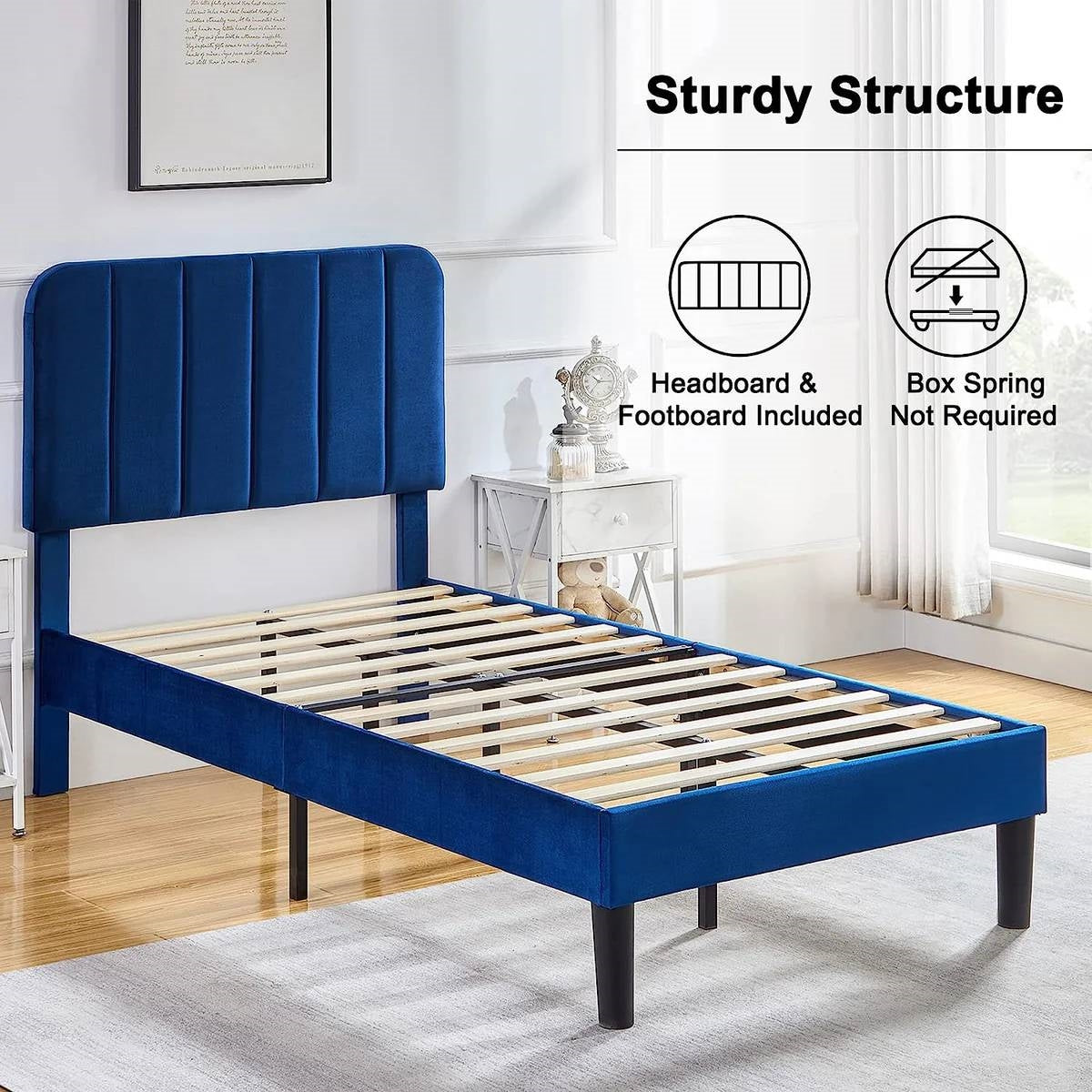 Blue Upholstered Platform Bed Frame with Headboard
