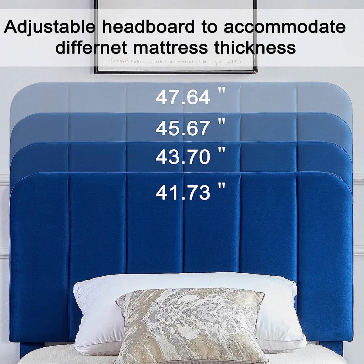 Blue Upholstered Platform Bed Frame with Headboard