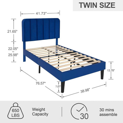 Blue Upholstered Platform Bed Frame with Headboard
