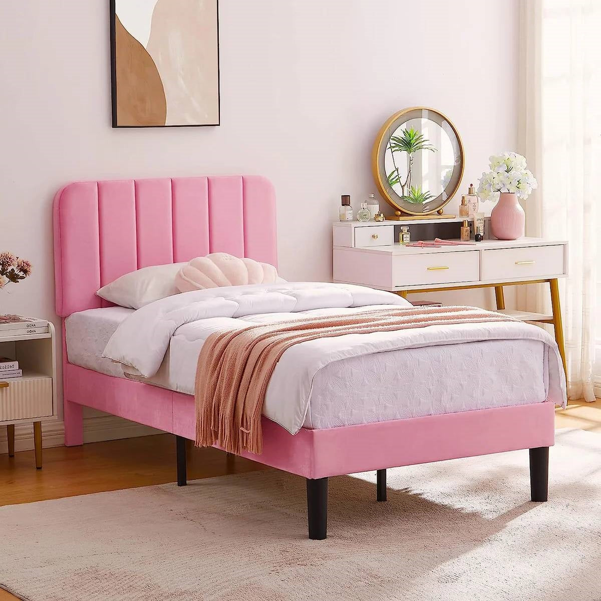 Pink Upholstered Platform Bed Frame with Headboard
