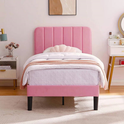 Pink Upholstered Platform Bed Frame with Headboard