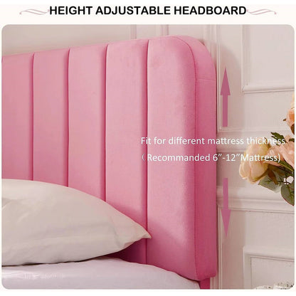 Pink Upholstered Platform Bed Frame with Headboard