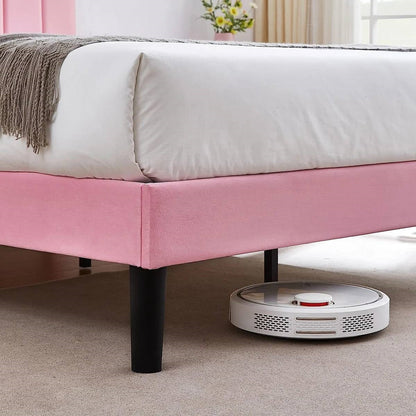 Pink Upholstered Platform Bed Frame with Headboard