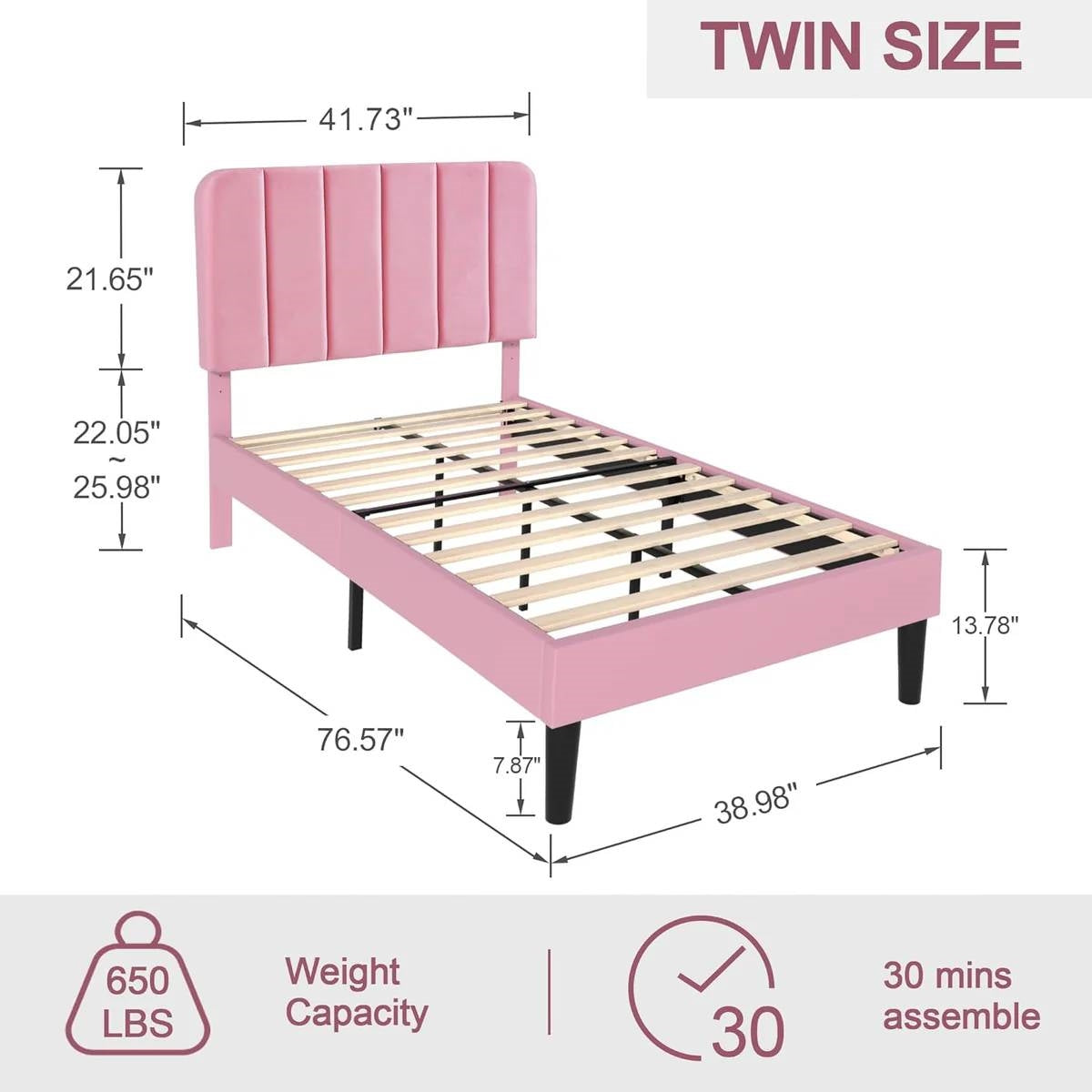 Pink Upholstered Platform Bed Frame with Headboard
