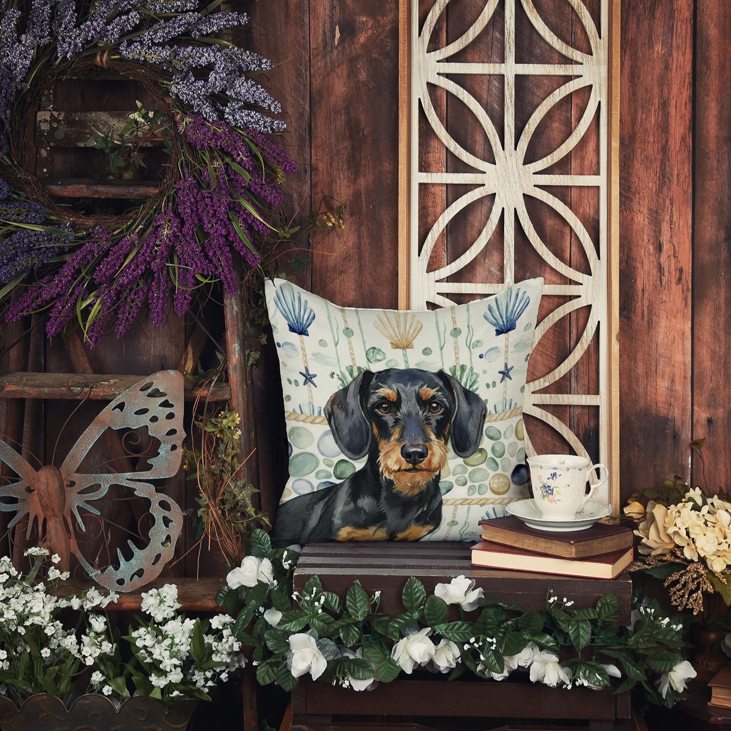 Wirehaired Black and Tan Dachshund Coastal Sea Glass Throw Pillow WDK7001PW1818