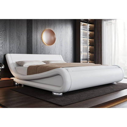 White Modern Platform Bed Frame with Sleigh Curved Headboard-King