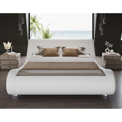 White Modern Platform Bed Frame with Sleigh Curved Headboard-King