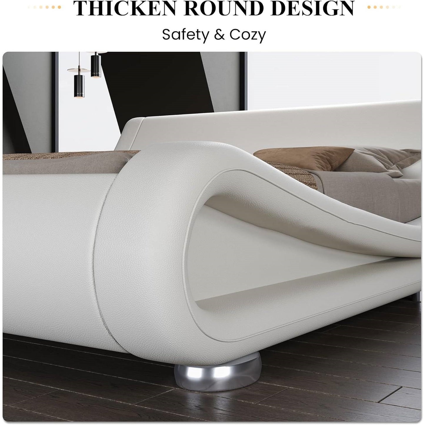 White Modern Platform Bed Frame with Sleigh Curved Headboard-King