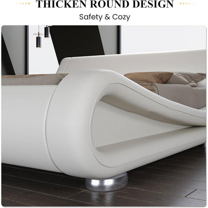 White Modern Platform Bed Frame with Sleigh Curved Headboard-King