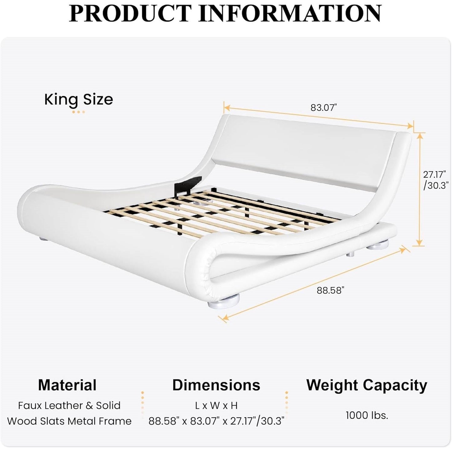 White Modern Platform Bed Frame with Sleigh Curved Headboard-King