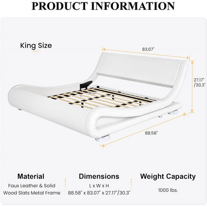 White Modern Platform Bed Frame with Sleigh Curved Headboard-King