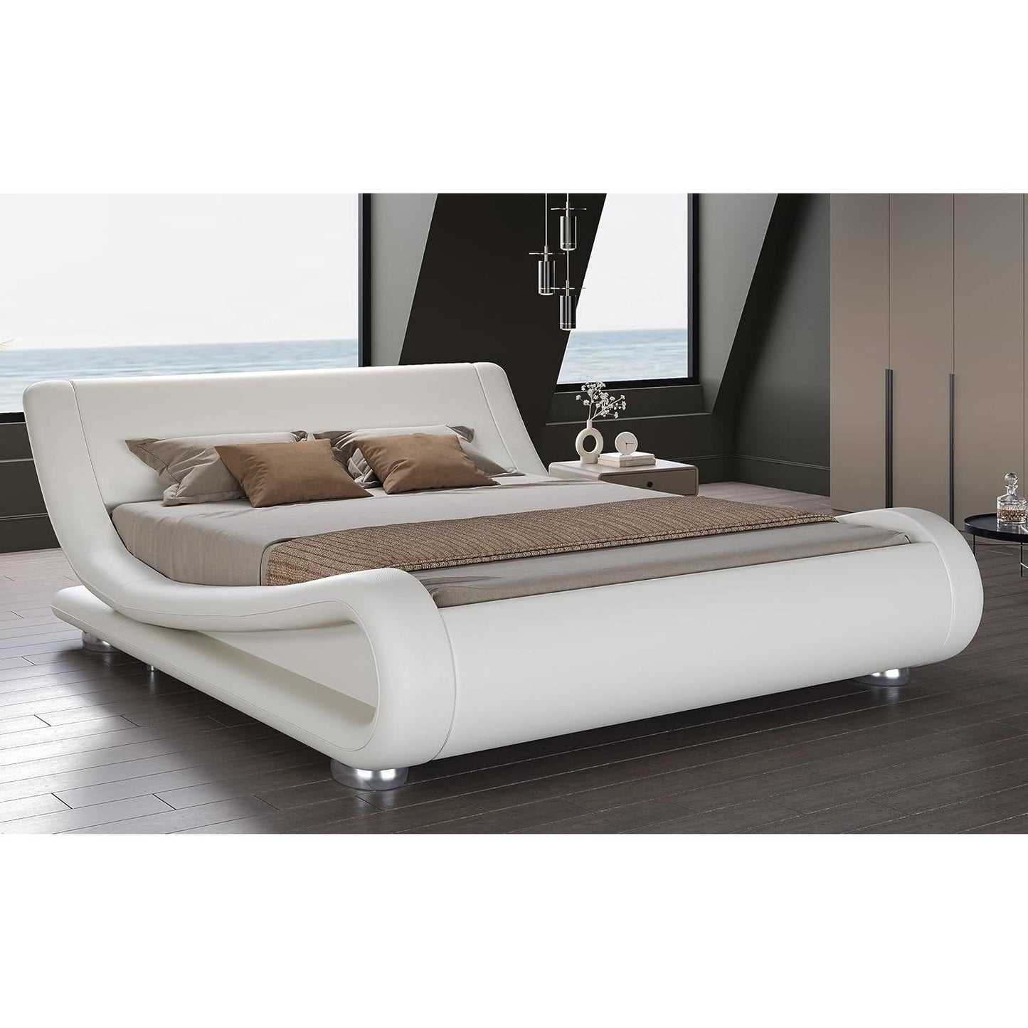 White Modern Platform Bed Frame with Sleigh Curved Headboard