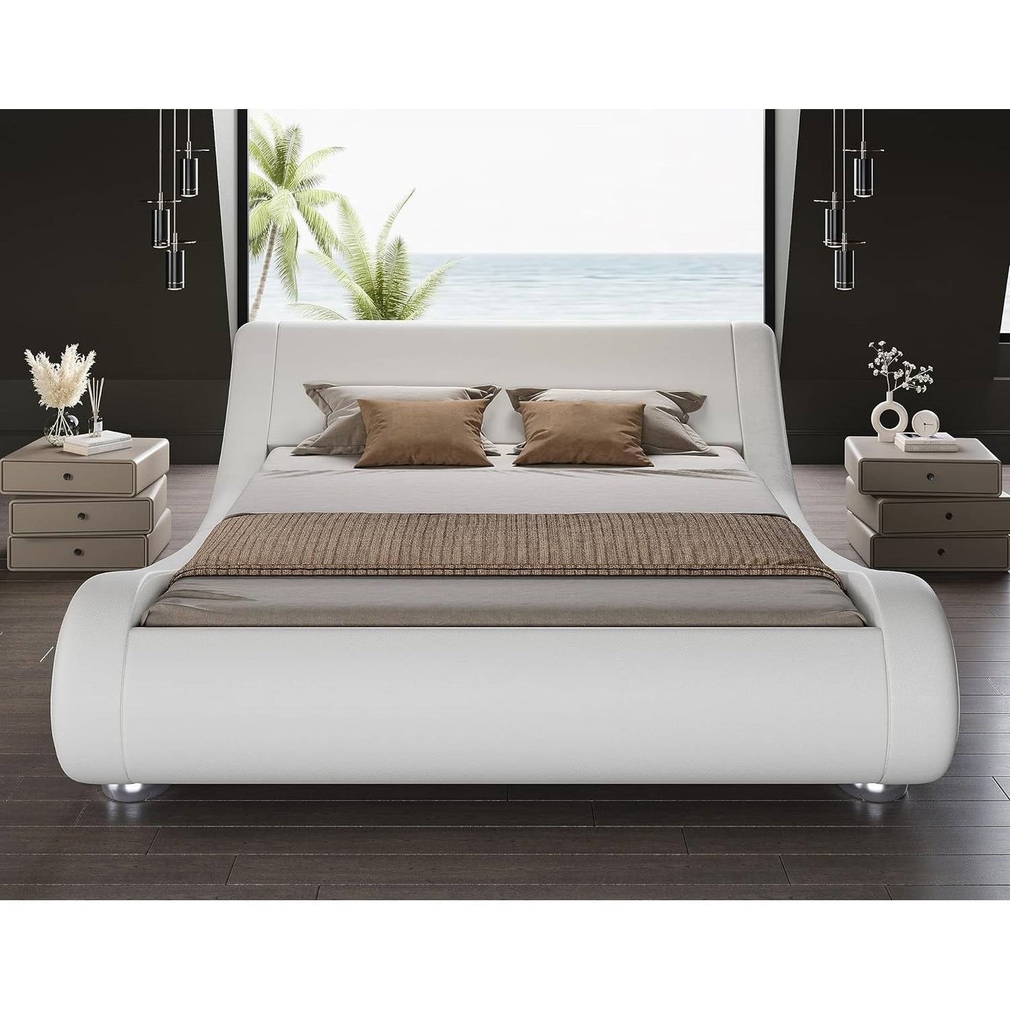 White Modern Platform Bed Frame with Sleigh Curved Headboard
