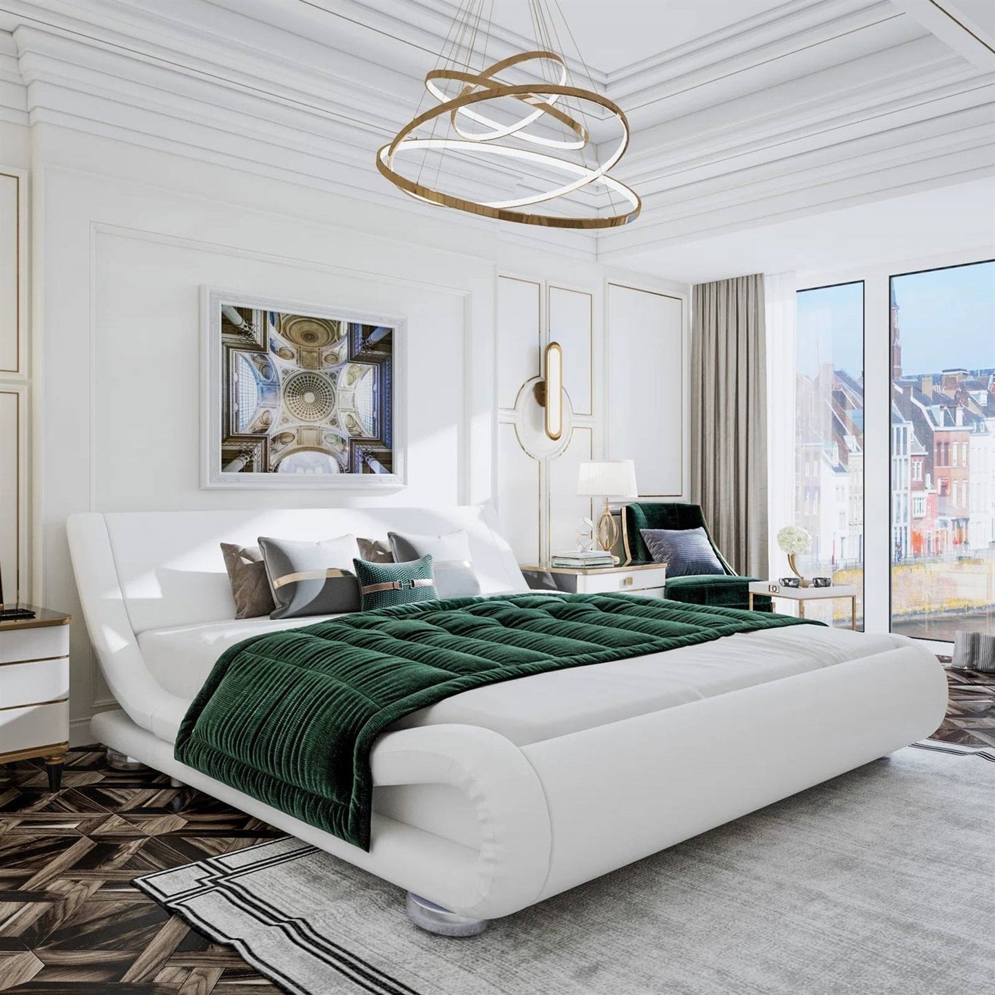 White Modern Platform Bed Frame with Sleigh Curved Headboard