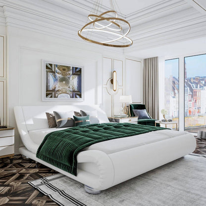 White Modern Platform Bed Frame with Sleigh Curved Headboard