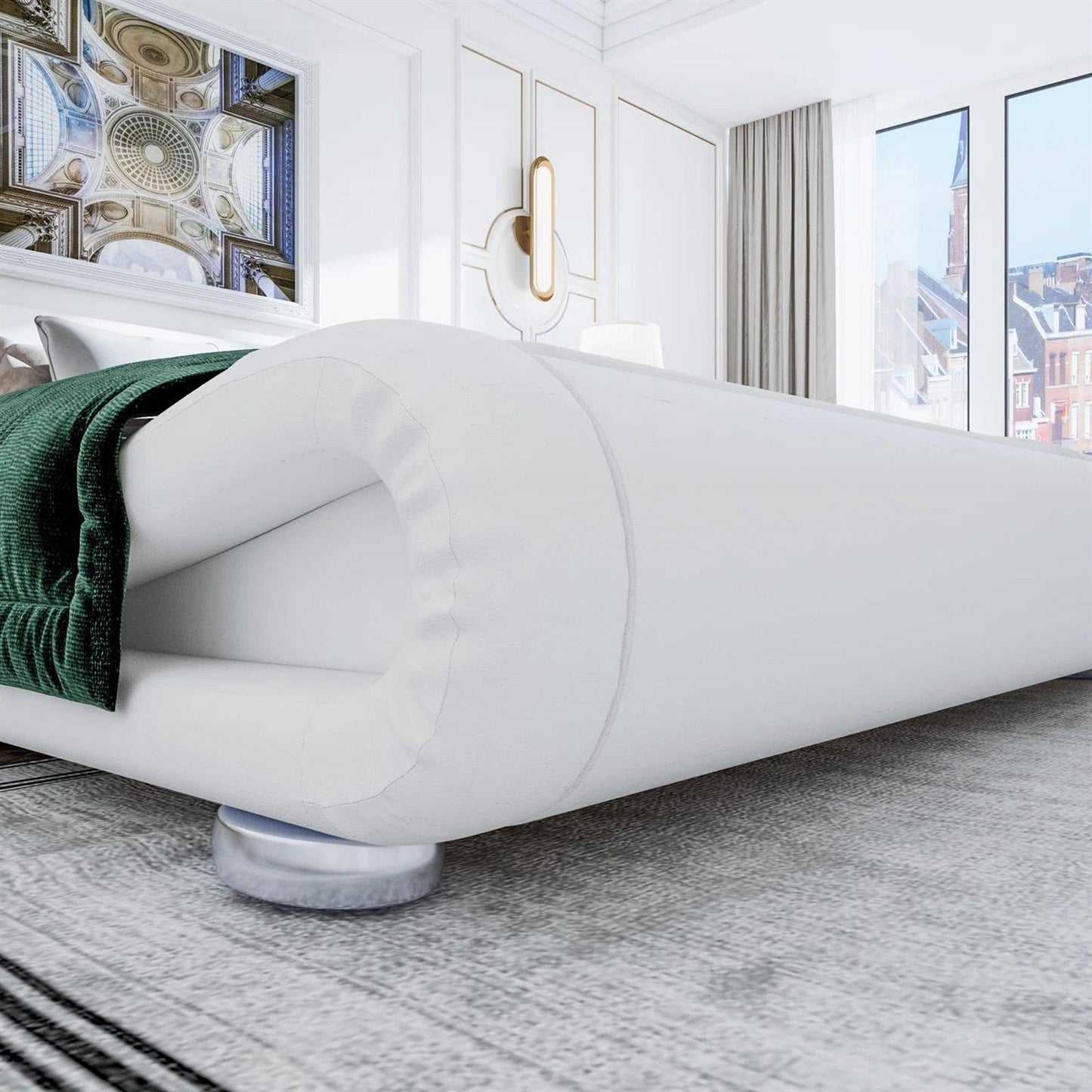 White Modern Platform Bed Frame with Sleigh Curved Headboard