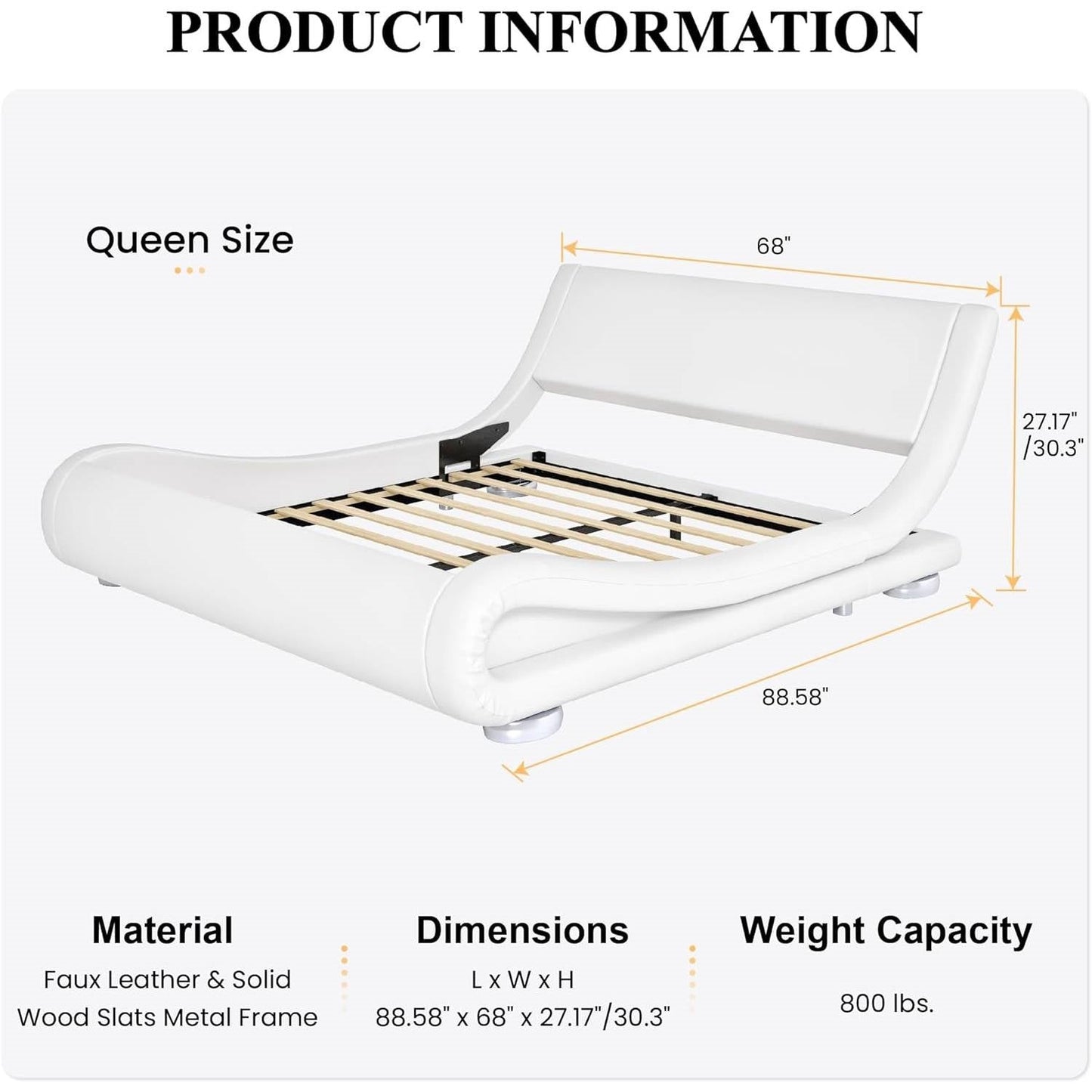White Modern Platform Bed Frame with Sleigh Curved Headboard