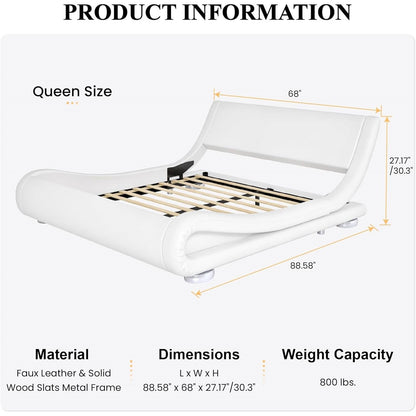White Modern Platform Bed Frame with Sleigh Curved Headboard