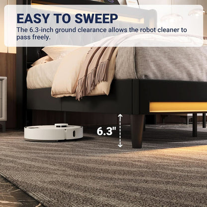 Full Size Bed Frame LED Lighting And USB Charging Black