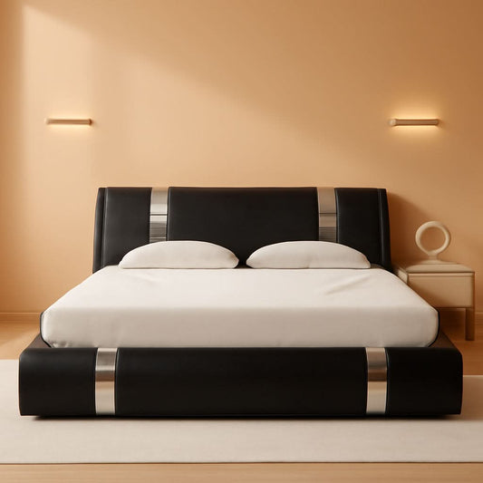 Black King Vegan Leather Platform Bed Adjustable Headboard